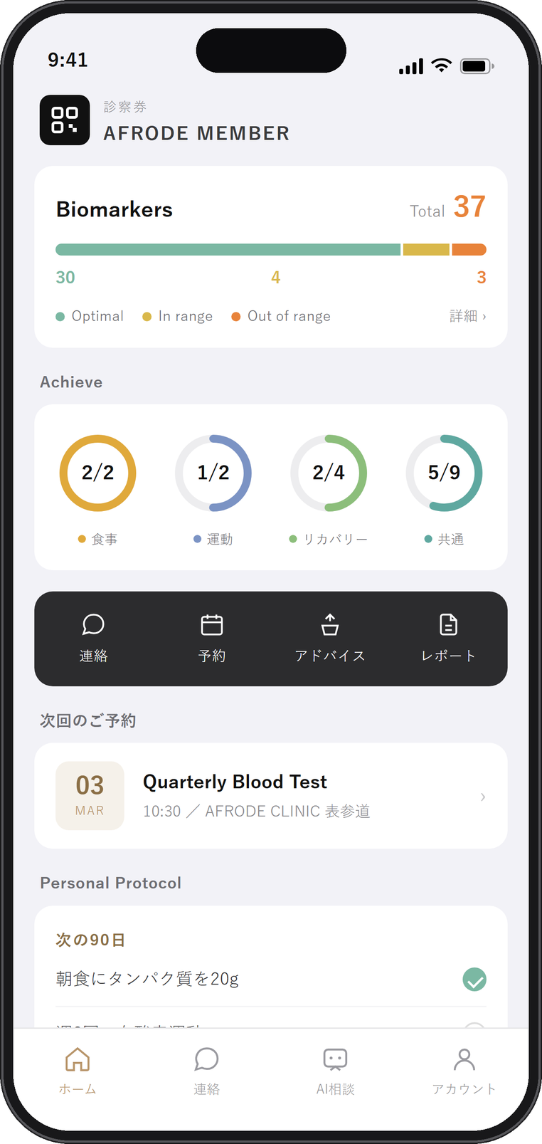 AFRODE APP ホーム画面。基準値外の項目数と、食事・運動・リカバリーの達成度リング